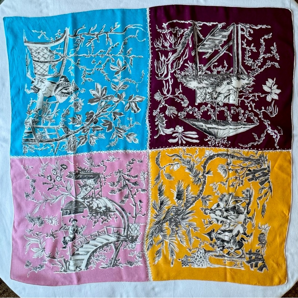 Unique chinoiserie toile vintage silk scarf (32” square)